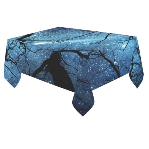 MYPOP Forest Night Sky Starry Night Cotton Linen Tablecloth 60x84 Inches, Meteor Milky Way Galaxy Celestial Tree Table Cloth Cover for Kitchen Party Home Decor