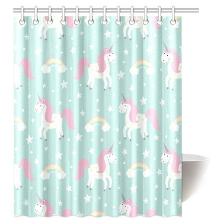 MYPOP Girls and Kids Shower Curtain Set, Unicorn With Rainbow Stars Clouds in the Sky Fabric Bathroom Shower Curtain Set with Hooks, 60 X 72 Inches