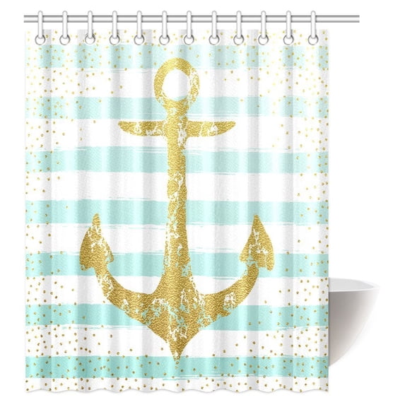 MYPOP Golden Glitter Anchor Shower Curtain, Nordic Marine Golden Anchor with Blue Stripes Nautical Design Fabric Bathroom Decor Set with Hooks, 60 X 72 Inches