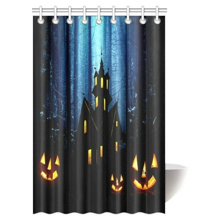 MYPOP Halloween Decorations Shower Curtain, Gothic Scene With Halloween Haunted House Party Decor Trick Or Treat For Kids Fabric Bathroom Decor Set with Hooks, 48 X 72 Inches