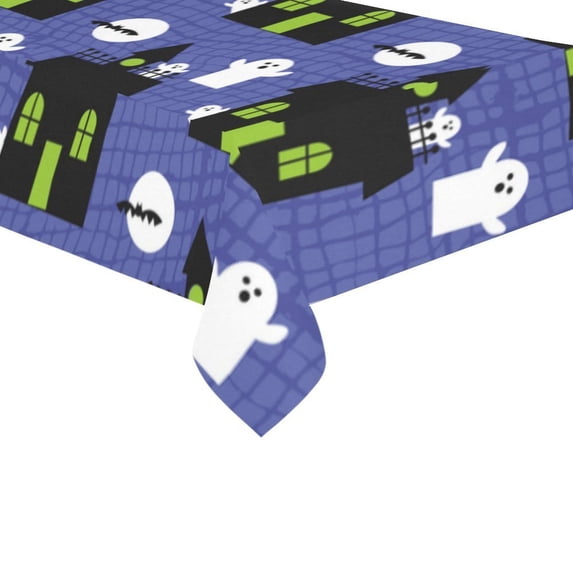 MYPOP Halloween Night Bat Ghost House Cotton Linen Tablecloth Sets 60x120 Inches - Castle Blue Desk Sofa Table Cloth Cover for Party Decor