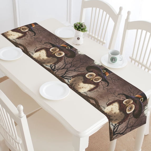 MYPOP Halloween Owl on Tree Table Runner Home Decor 14x72 Inch, Scary Moon Night Table Cloth Runner for Wedding Party Banquet Decoration