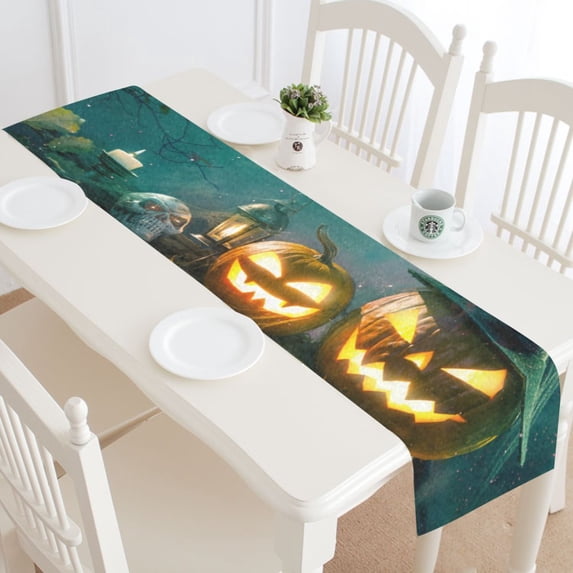 MYPOP Halloween Pumpkin Head Jack Lantern Cotton Linen Table Runner 14x72 Inches