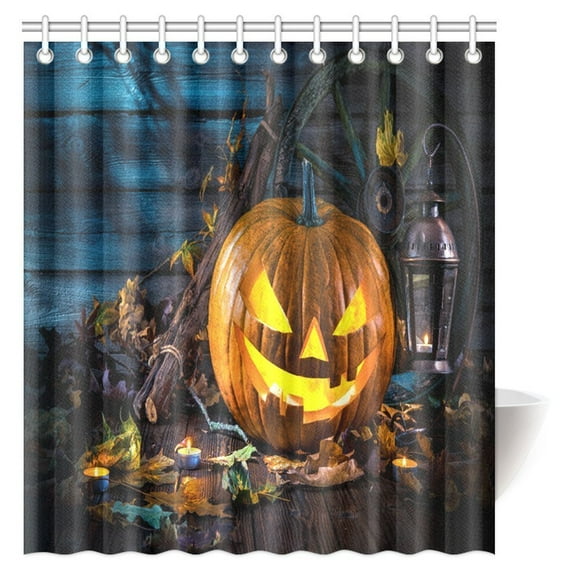 MYPOP Halloween Pumpkin Head Jack Lantern with Burning Candles Fabric Bathroom Shower Curtain Set with Hooks, 66 X 72 Inches