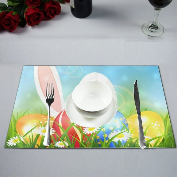 MYPOP Happy Easter Colorful Eggs Rabbit Kitchen Table Mat Placemats for Dining Table 12x18 inches