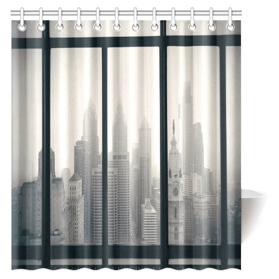 MYPOP House Decor Shower Curtain, Philadelphia City Rooftop View Through Window Skyline Landmark Rooftop Fabric Shower Curtain Set with Hooks, 66 X 72 Inches