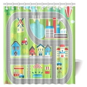 MYPOP Kids Decor Shower Curtain, Childrens Educational Playtime Road Map City Landscape Map Fabric Bathroom Set, 66 X 72 Inches