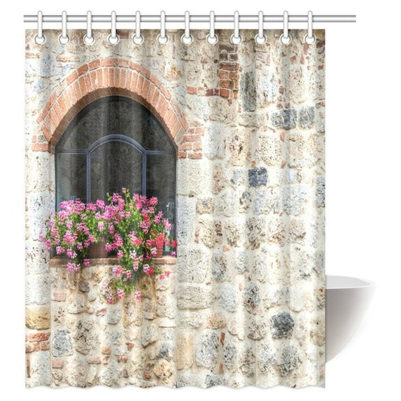 MYPOP Landscape Decor Shower Curtain, Old Antcient House in Italy Tuscany Old Window with Floral Details Shower Curtain, 60 X 72 Inches