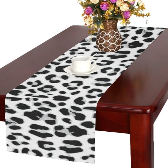 MYPOP Leopard Fur Print Table Runner Placemat 14x72 inches, Black and White Animal Skin Tablecloth for Office Kitchen Dining Wedding Party Home Decor