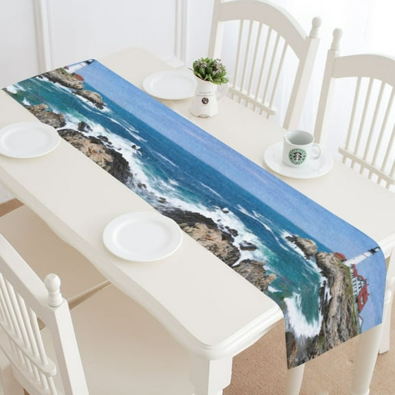 MYPOP Lighthouse Ocean Table Runner Home Decor 14x72 Inch,Oean Wave Lighthouse Table Cloth Runner for Wedding Party Banquet Decoration