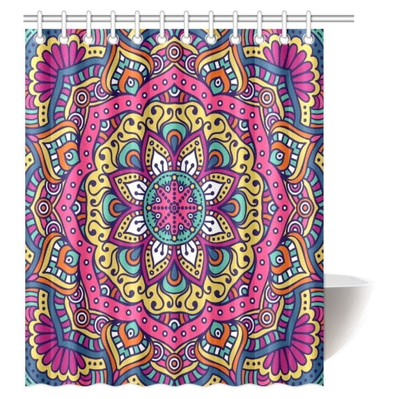 MYPOP Mandala Decor Shower Curtain, Ethnic Indian Mandala Pattern Boho Home Decor Floral Nature Theme Bathroom Shower Curtain Set with Hooks, 60 X 72 Inches