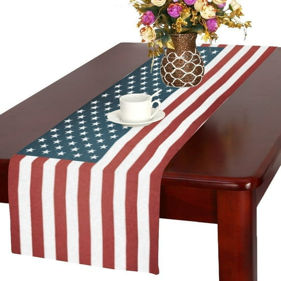 MYPOP Memorial Day 4th of July Table Runner Placemat 16x72 inches, Vintage American Flag Table Linen Cloth for Office Kitchen Dining Wedding Party Home Decor