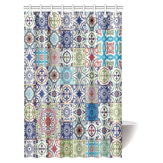 MYPOP Moroccan Decor Shower Curtain, Patchwork Pattern from Colorful Moroccan Tiles Traditional Decorating Fabric Bathroom Shower Curtain Set with Hooks, 48 X 72 Inches