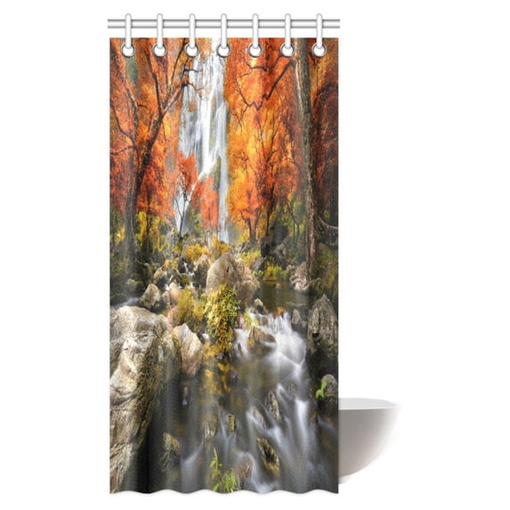 MYPOP Natural Waterfall Shower Curtain, Waterfalls in Autumn Park with Colorful Foliage Trees Fabric Bathroom Shower Curtain with Hooks, 36 X 72 Inches
