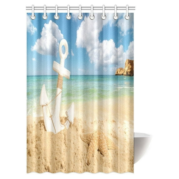 MYPOP Nautical Decor Shower Curtain, Summer Holiday Anchor with Starfish on Sandy Beach Fabric Bathroom Decor Set with Hooks, 48 X 72 Inches