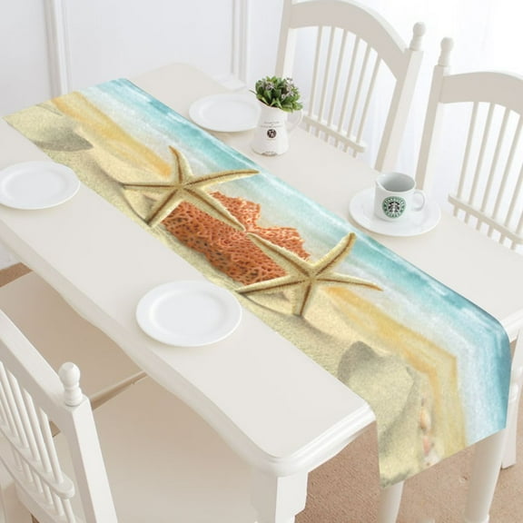MYPOP Ocean Sandy Beach Table Runner Home Decor 14x72 Inch, Starfish Seashell Table Cloth Runner for Wedding Party Banquet Decoration