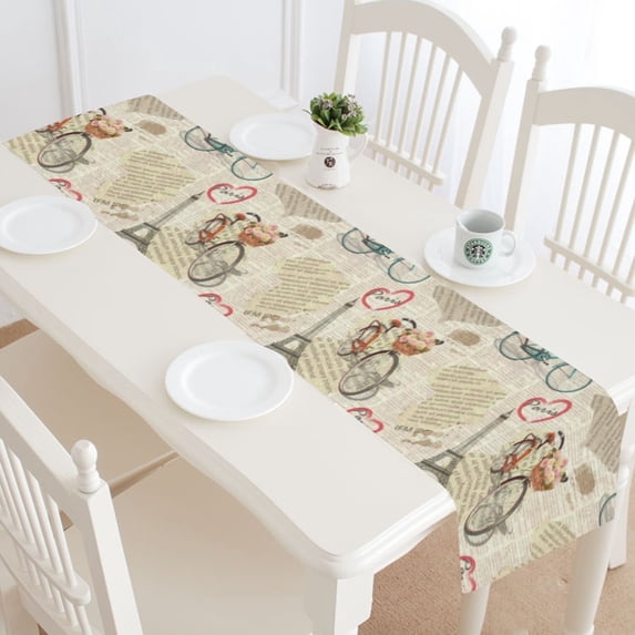 MYPOP Paris Eiffer Tower Table Runner Home Decor 14x72 Inch, Vintage Newspaper Bicycle Table Cloth Runner for Wedding Party Banquet Decoration