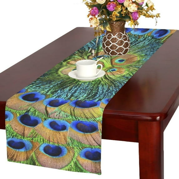 MYPOP Peacock Feathers Cotton Linen Table Runner 16x72 Inches
