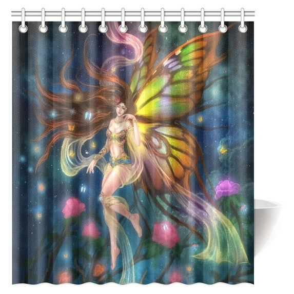 MYPOP Realistic Fantastic Style Shower Curtain, Beautiful Butterfly Fairy Decor Bathroom Shower Curtain Set with Hooks, 66 X 72 Inches