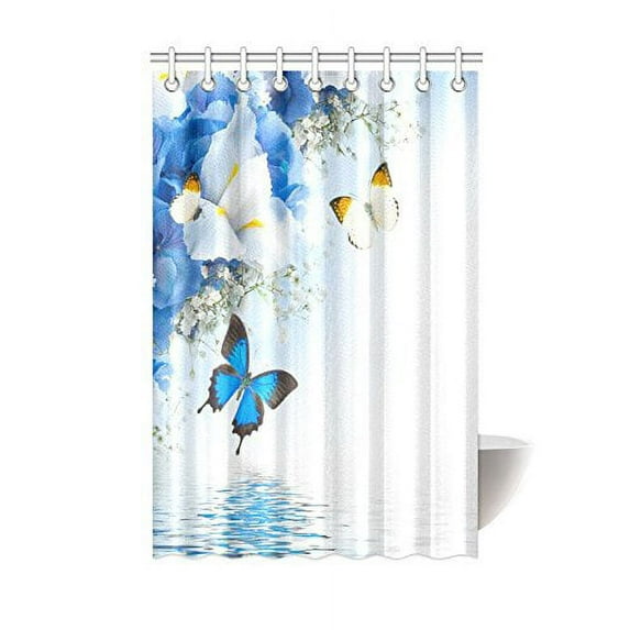 MYPOP Resort Spa Home Decor, Blue White Wild Flowers Monarch Yellow Butterflies Theme Lily Therapy Zen Reflection Floral Bathroom Lake House Decor Art Shower Curtain 48 X 72 Inches