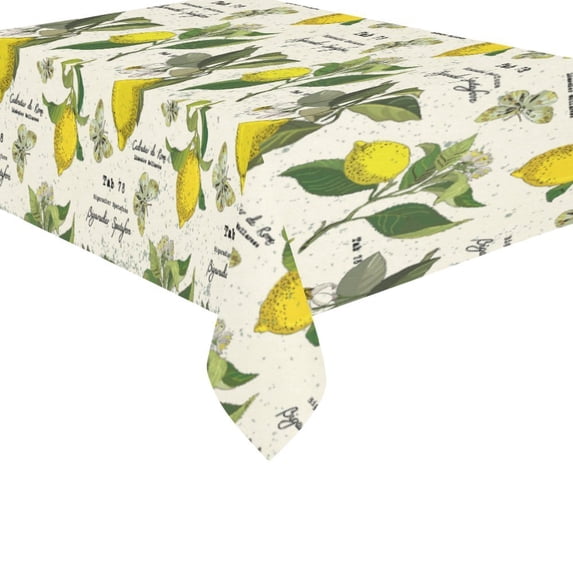 MYPOP Retro Butterfly Lemon Branch Cotton Linen Tablecloth 60x84 Inches, Green Leaf Desk Table Cloth Cover for Holiday Party Decoration