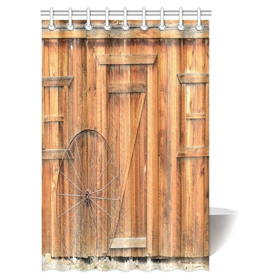 MYPOP Rustic Home Decor Shower Curtain, Ancient West Rural Town Rustic Weathered Wooden Door and Vintage Wagon Wheel Fabric Bathroom Shower Curtain with Hooks, 48 X 72 Inches