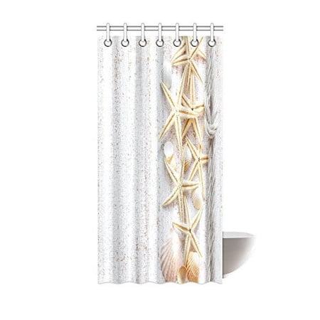 MYPOP Seashells Decor, Beach House Shells and Starfish on Rustic Wood Surface Nautical Ocean Theme Shower Curtain With Hooks, 36 X 72 Inches, White Beige