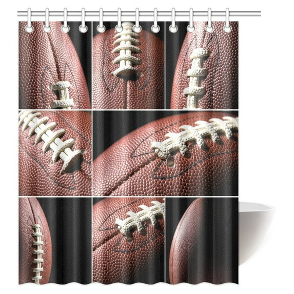 MYPOP Sports Decor Shower Curtain, American Football Rugby Balls Pattern Fabric Bathroom Shower Curtain with Hooks, 60 X 72 Inches