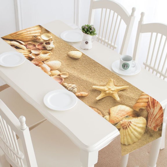 MYPOP Starfish Seashells Table Runner Home Decor 14x72 Inch, Summer Sandy Beach Table Cloth Runner for Wedding Party Banquet Decoration