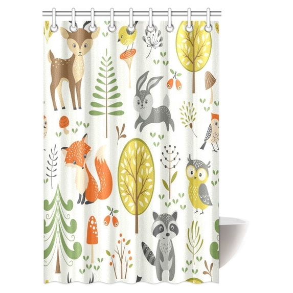 MYPOP Summer Forest Pattern with Cute Woodland Animals, Trees, Mushrooms and Berries Shower Curtain Bathroom Decor with Hooks, 48 X 72 Inches