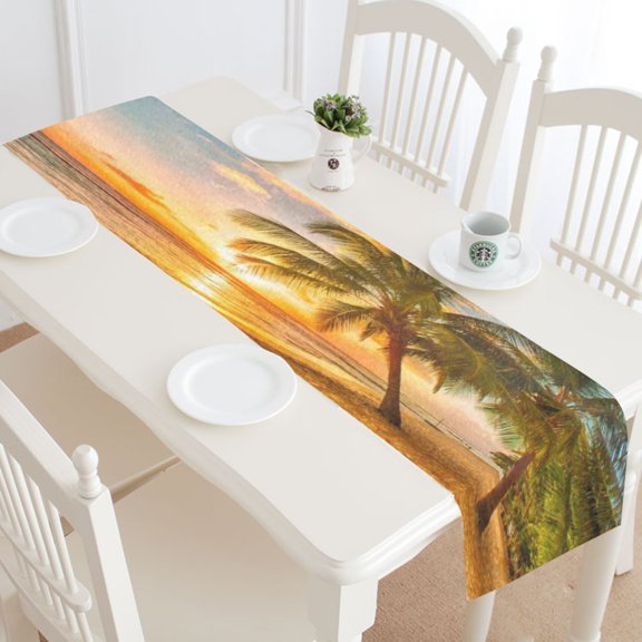 MYPOP Summer Tropical Palm Tree Table Runner Placemat 16x72 inches, Sunset over Sea Beach Table Cloth for Office Kitchen Dining Wedding Party Home Decor