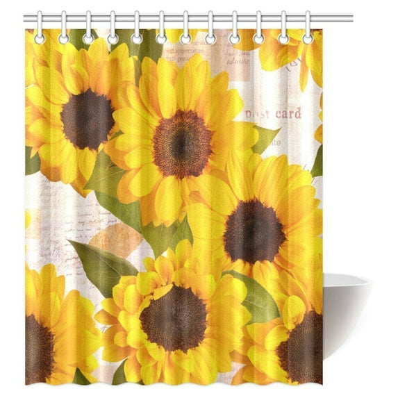 MYPOP Sunflower Shower Curtain, Vintage Rustic Looking Grunge Sunflowers Field Blooms Fabric Shower Curtain Set with Hooks, 60 X 72 Inches