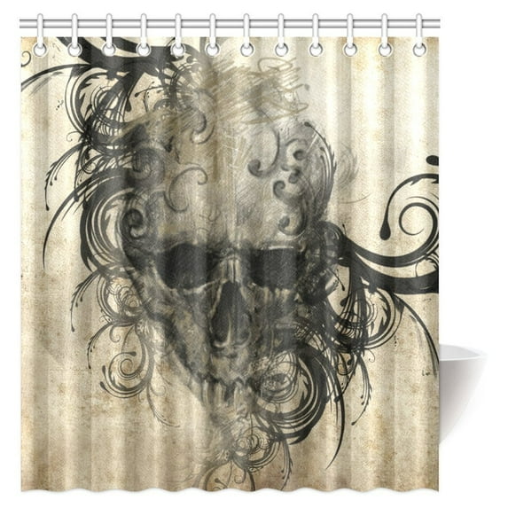 MYPOP Tattoo Art Decor Shower Curtain, Revenge Fierce Faced Skull Triplets with Romantic Detail of Rose Fabric Bathroom Shower Curtain Set with Hooks, 66 X 72 Inches