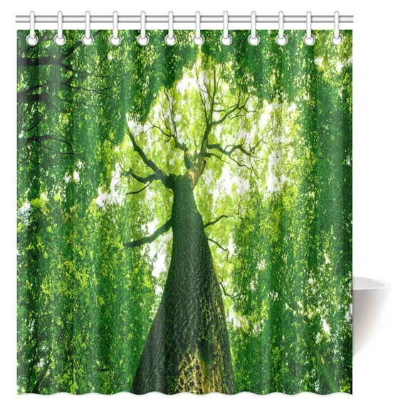 MYPOP Farm House Decor Shower Curtain, Tall Old Tree Bottom View Sunlight Tree Top Branches Leaves Nature Style Fabric Bathroom Shower Curtain with Hooks, 66 X 72 Inches