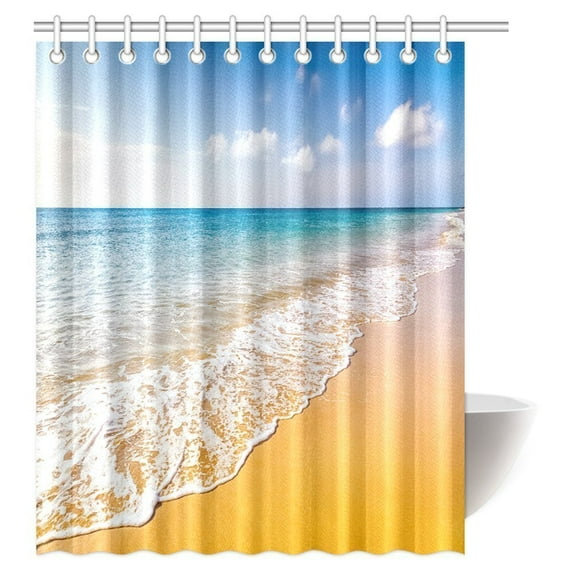 MYPOP Tropical Coastal Contemporary Modern Decor Shower Curtain, Seascapes Seashore Ocean Paradise Beach Landscape Fabric Bathroom Decor Set with Hooks, 60 X 72 Inches