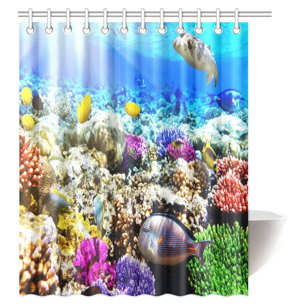 MYPOP Underwater Decor Shower Curtain, Coral Reef with Colorful Fish
