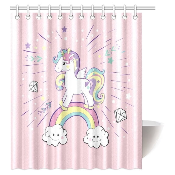 MYPOP Unicorn Surreal Myth Creature before Rainbow Clouds Star Fantasy Girls Fairytale Shower Curtain Set with Hooks, 60 X 72 Inches