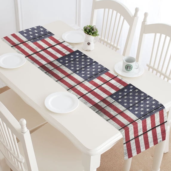 MYPOP Vintage American Flag Wooden Table Runner Home Decor 16x72 Inch, Independence Day United State Flag Table Cloth Runner for Wedding Party Banquet Decoration