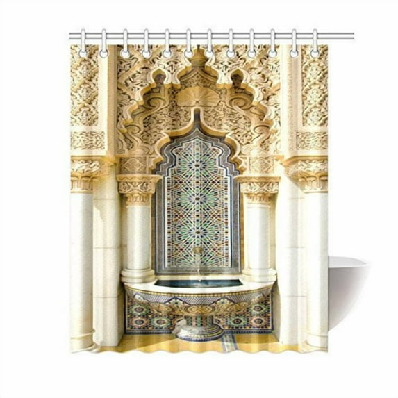 MYPOP Vintage Building Design Moroccan Decor Wash Table Housing Art Historic Exterior Facade Mosaic Polyester Fabric Bathroom Shower Curtain Set with Hooks, Ivory Navy Tan, 60 X 72 Inches