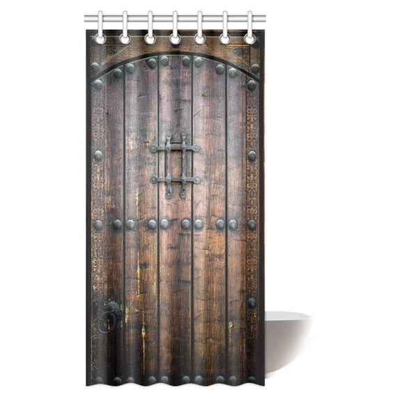 MYPOP Vintage Rustic Decor Shower Curtain, Ancient Wooden Door Historical Vintage Exterior Medieval Structure Artistic Fabric Bathroom Shower Curtain with Hooks, 36 X 72 Inches