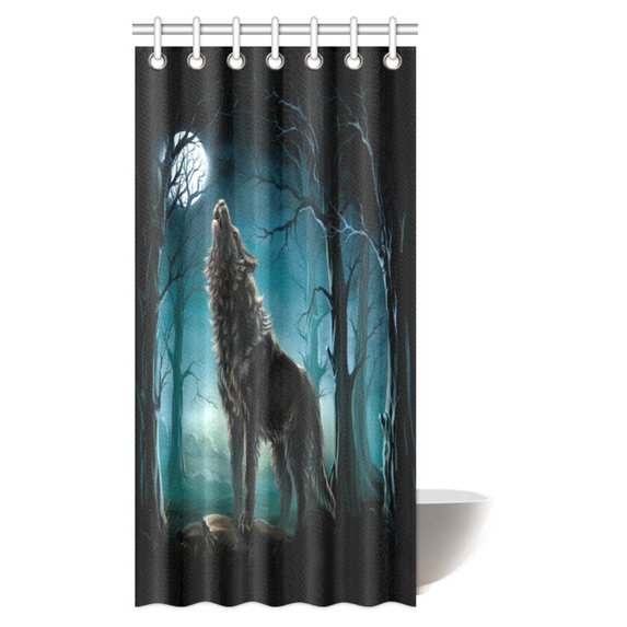 MYPOP Animal Shower Curtain, Wolf Silhouette Howls in Woods Leafless Trees Full Moon Wilderness Nature Fabric Bathroom Shower Curtain Set with Hooks, 36 X 72 Inches
