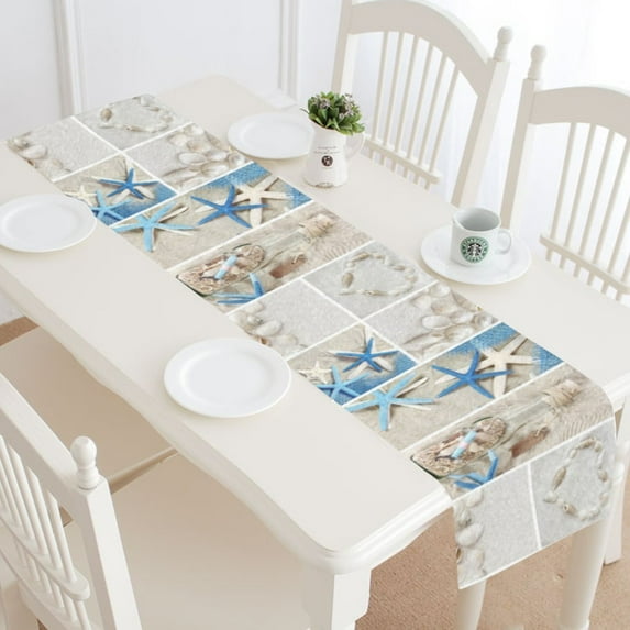 MYPOP Wooden Starfish Seashell Blue Table Runner Cloth Home Decor 14x72 Inch for Wedding Party Banquet Decoration