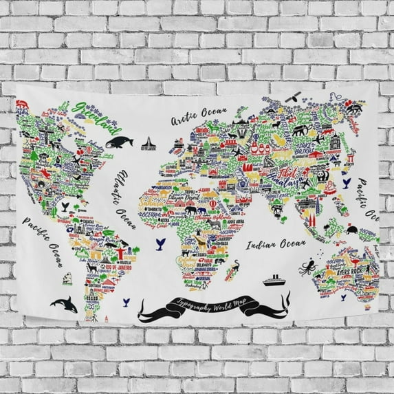 MYPOP World Map Travel Poster Cities And Sightseeing Att Tapestry Wall Hanging Decoration Home Decor Living Room Dorm 60 x 40 inches