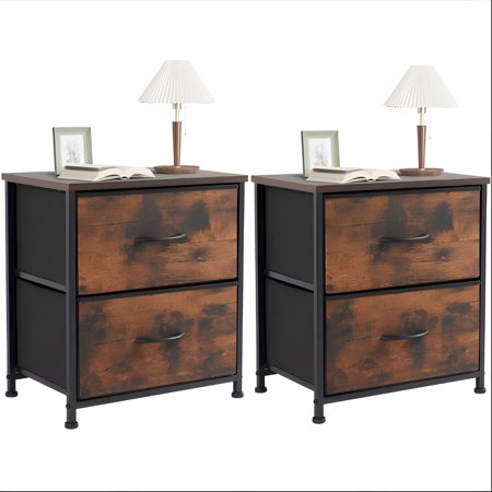 MYPOWR Nightstand Set of 2, End Table Side Table with 2 Fabric Drawers Bedside Table for Bedroom, Closet, Dorm, Rustic Brown