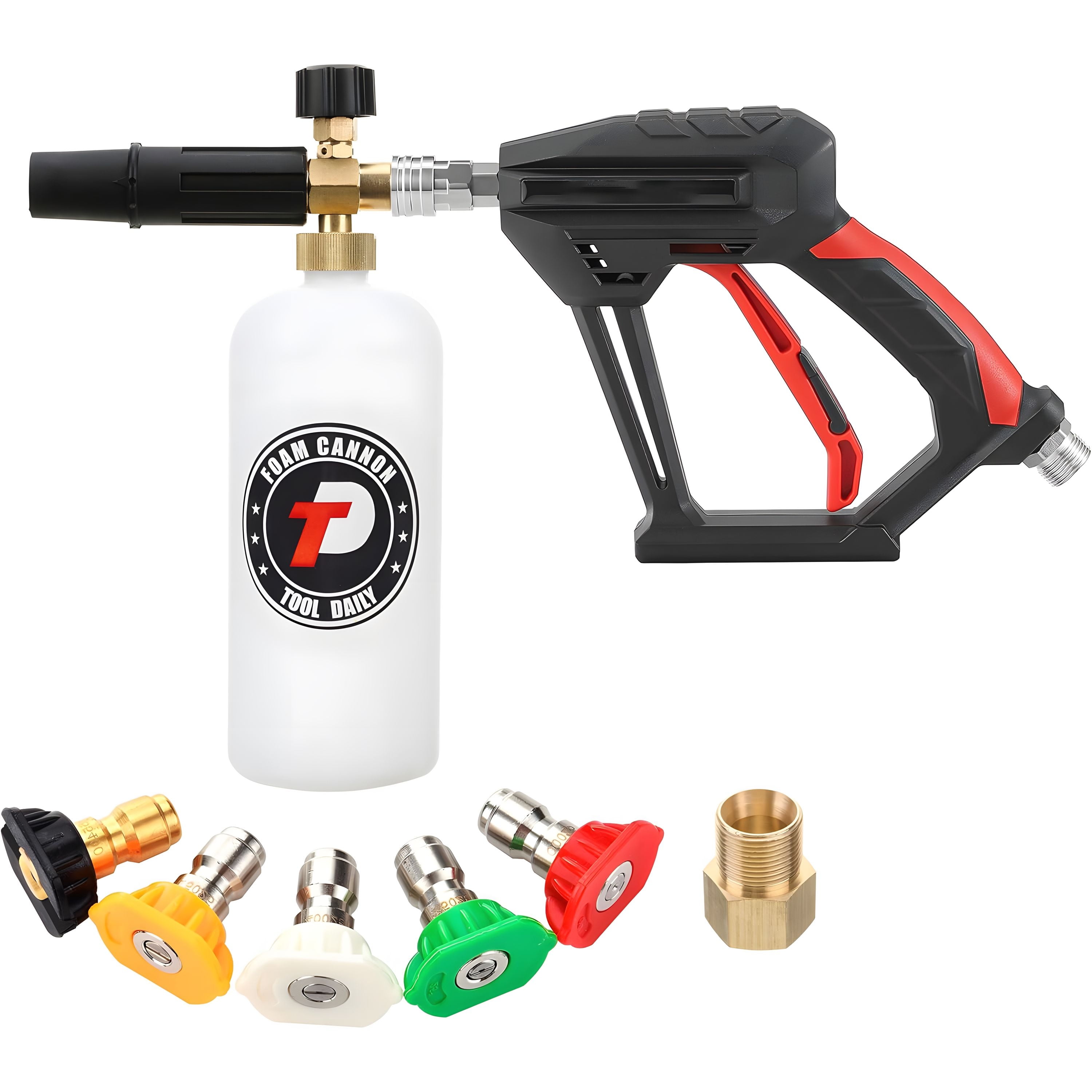 MYPOWR Short Pressure Washer Gun with Foam Cannon, 1/4 Inch Quick Connector, with 5 Pressure Washer Nozzle Tips, 1 Liter