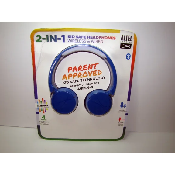 MYRAH- Altec Lansing 2-In-1 Bluetooth Kids Safe Headphones Blue New Sealed