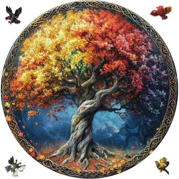 MYS AUR Wooden Puzzles for Adults, Round Tree of Life Jigsaw Puzzles 200 Pieces, 11.2x11.2in, Medium, Fun Challenging Unique Shaped Wood Plant Puzzles, Creative Gifts for Adults and Kids Family Game