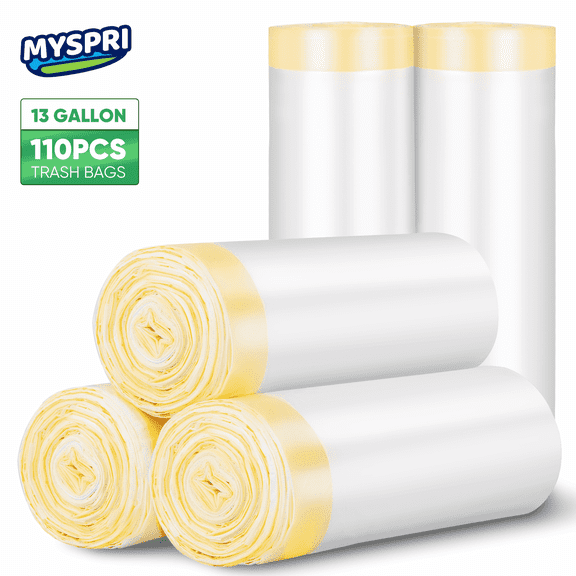 MYSPRI 13 Gallon Trash Bags Tall Kitchen Drawstring Garbage Bags, Scented Lemon, 110 Count, White