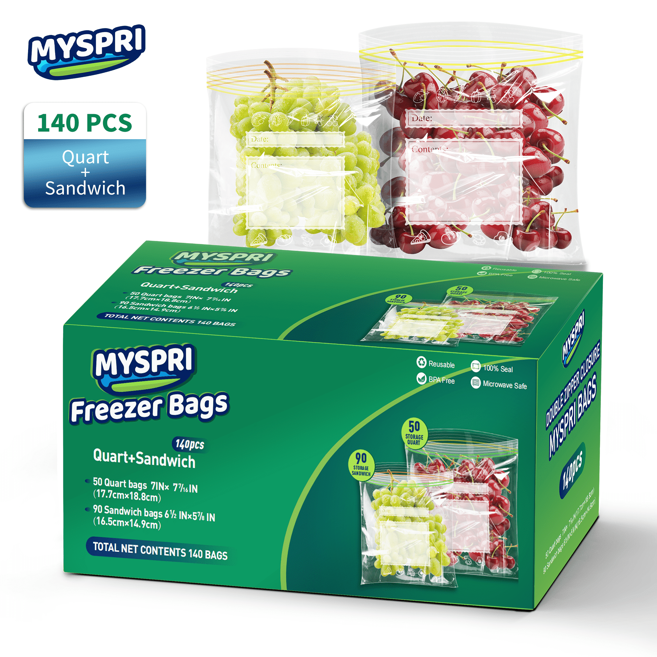 MYSPRI 140 Count Food Storage Bag Double Zipper Freezer Bags, Including 50 Count Quart Bags and 90 Count Sandwich Bags
