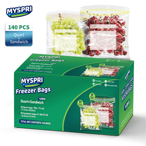 MYSPRI 140 Count Food Storage Bag Double Zipper Freezer Bags, Including 50 Count Quart Bags and 90 Count Sandwich Bags